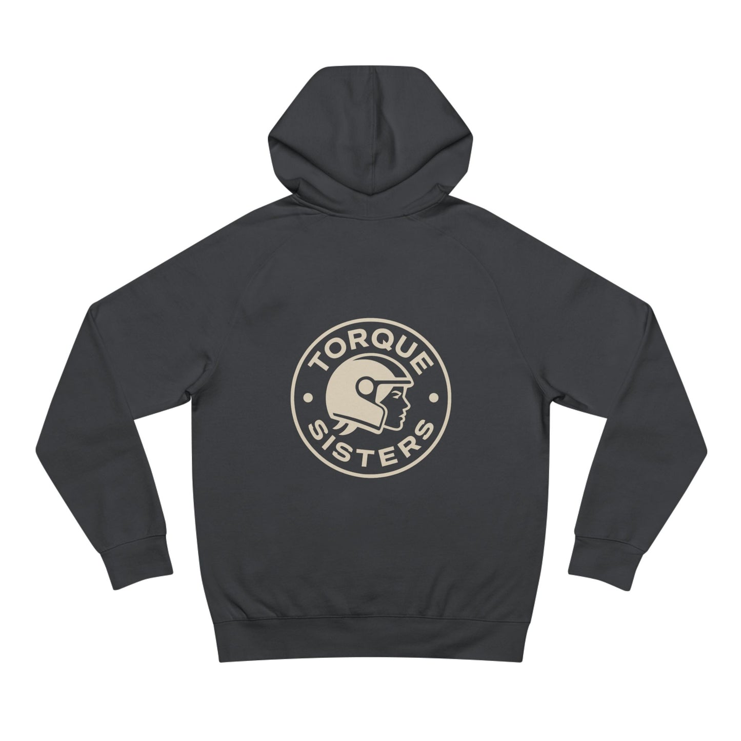 Black hoodie with 'Torque Sisters' logo on the back against a white background