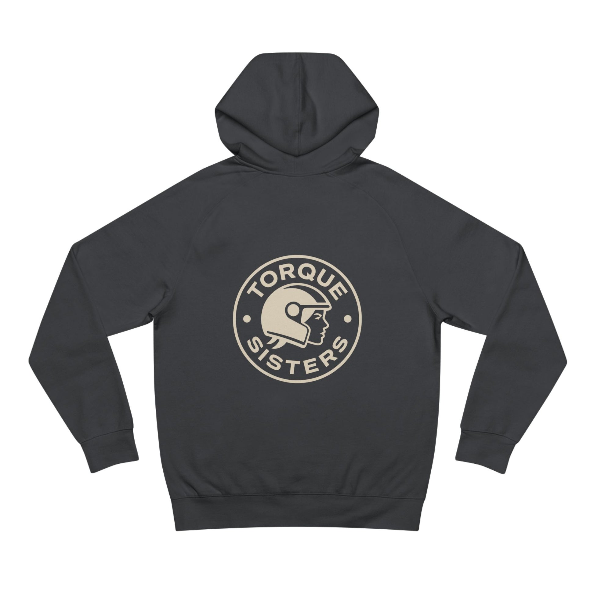 Black hoodie with 'Torque Sisters' logo on the back against a white background