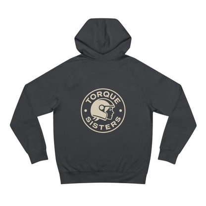 Black hoodie with 'Torque Sisters' logo on the back against a white background