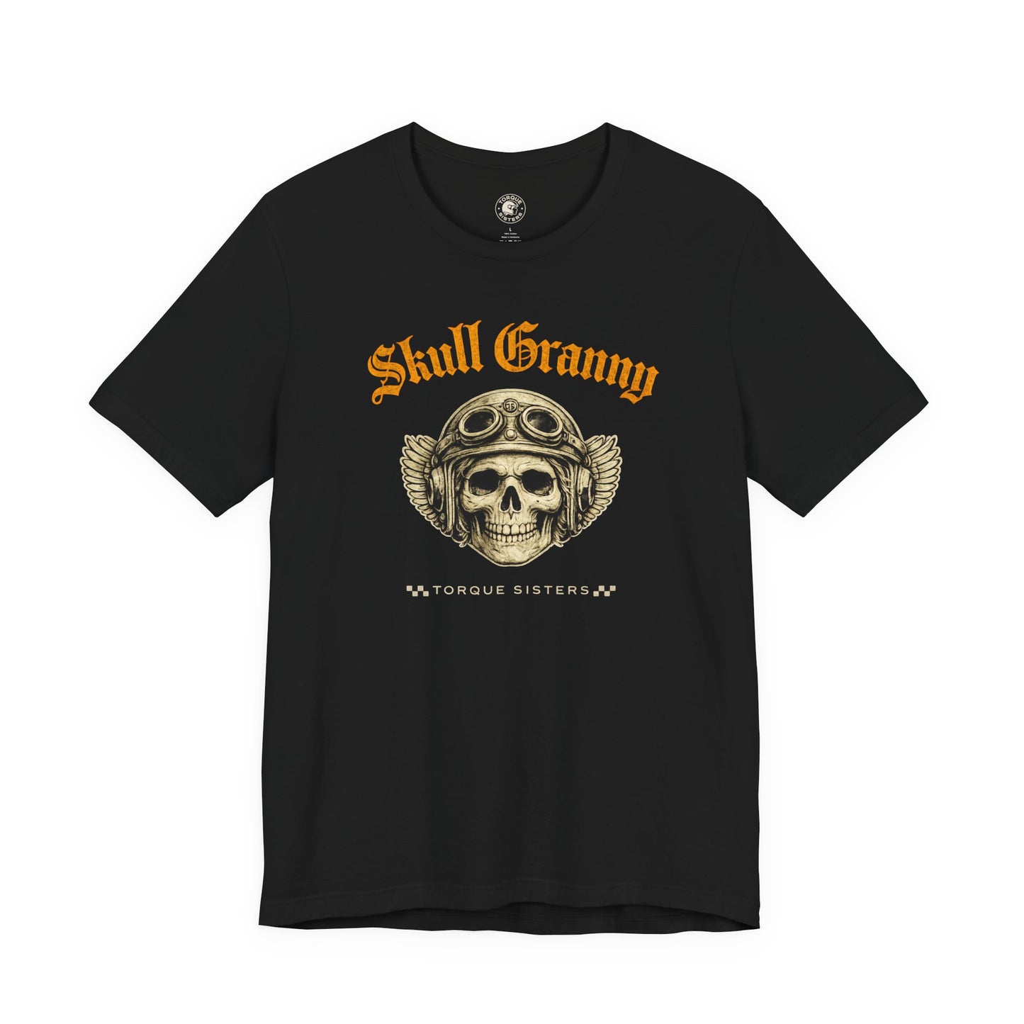 Black t-shirt with skull graphic and 'Skull Granny' text in yellow letters