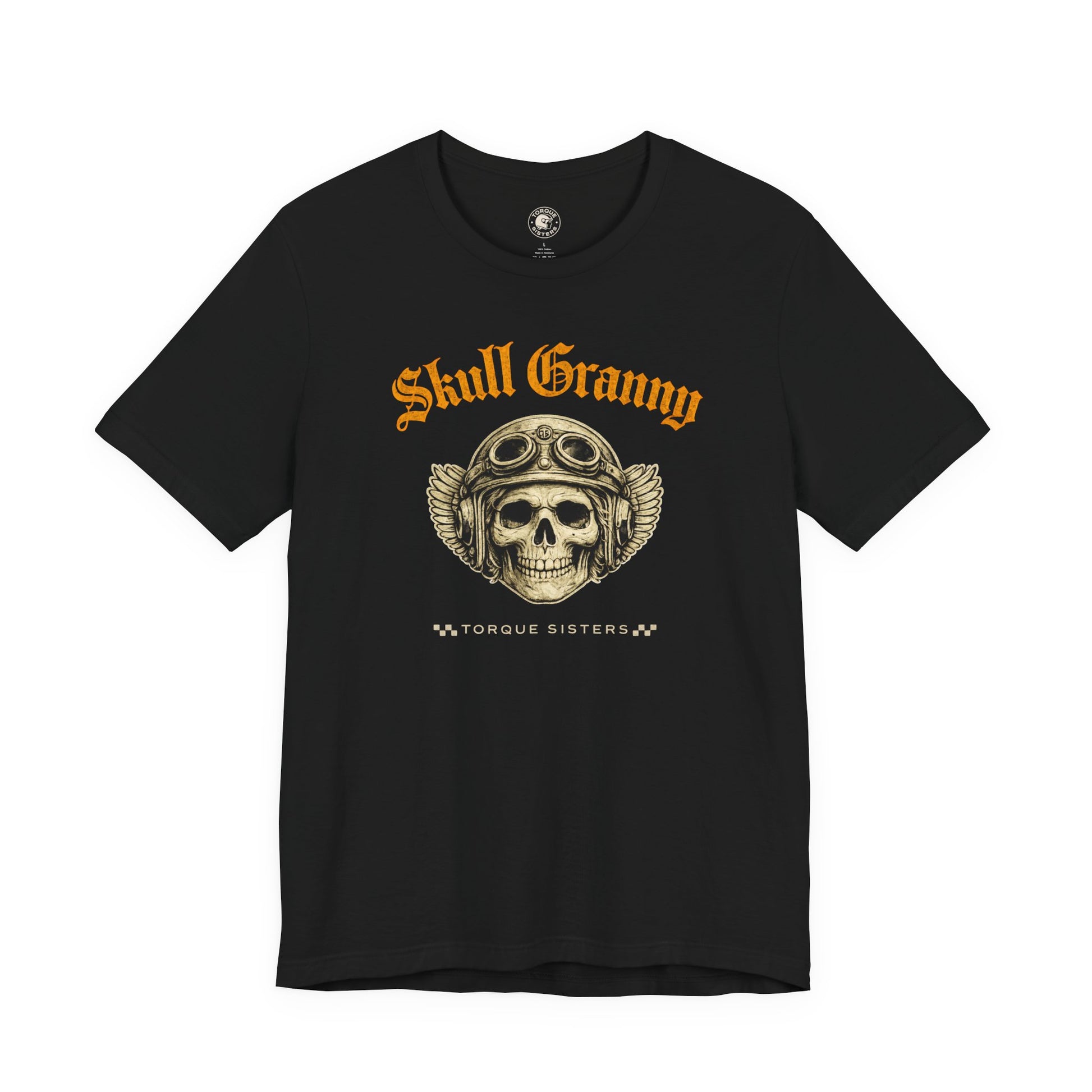 Black t-shirt with skull graphic and 'Skull Granny' text in yellow letters