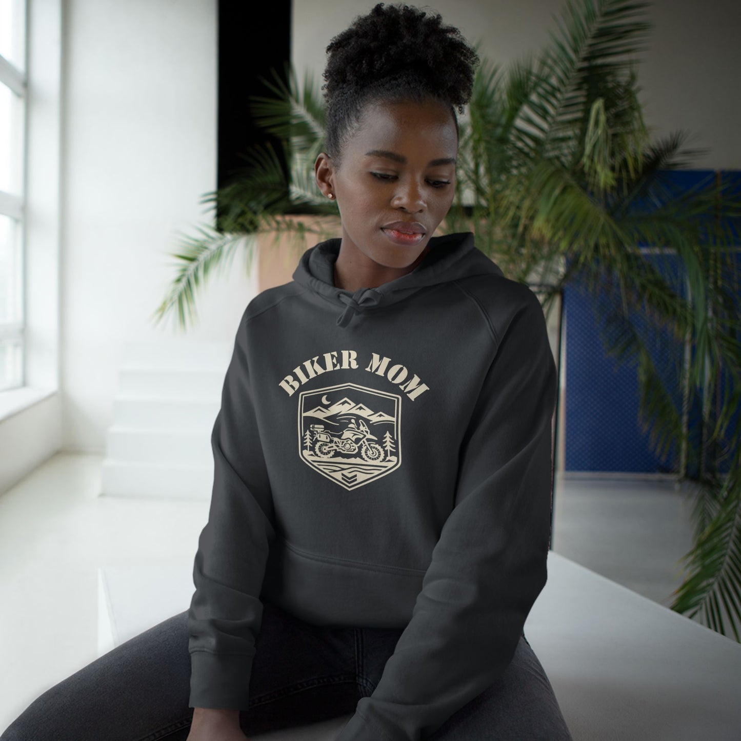 BIKER MOM Badge Graphic Women’s Motorcycle Hoodie | Charcoal & Cream