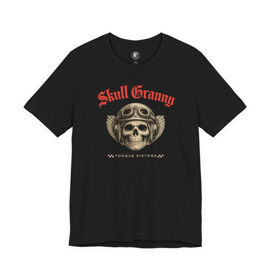 Black t-shirt with skull graphic and 'Skull Granny' text on a white background