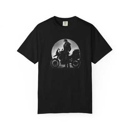 Black t-shirt with a graphic of ADV rider and a motorcycle on a white background