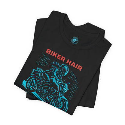BIKER HAIR DON’T CARE Graphic Women’s Motorcycle T-Shirt | Black & Teal