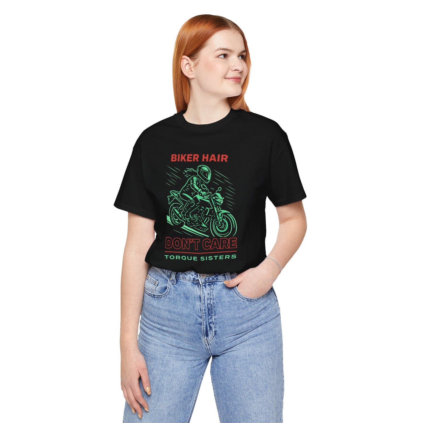 BIKER HAIR DON’T CARE Graphic Women’s Motorcycle T-Shirt | Black & Mint