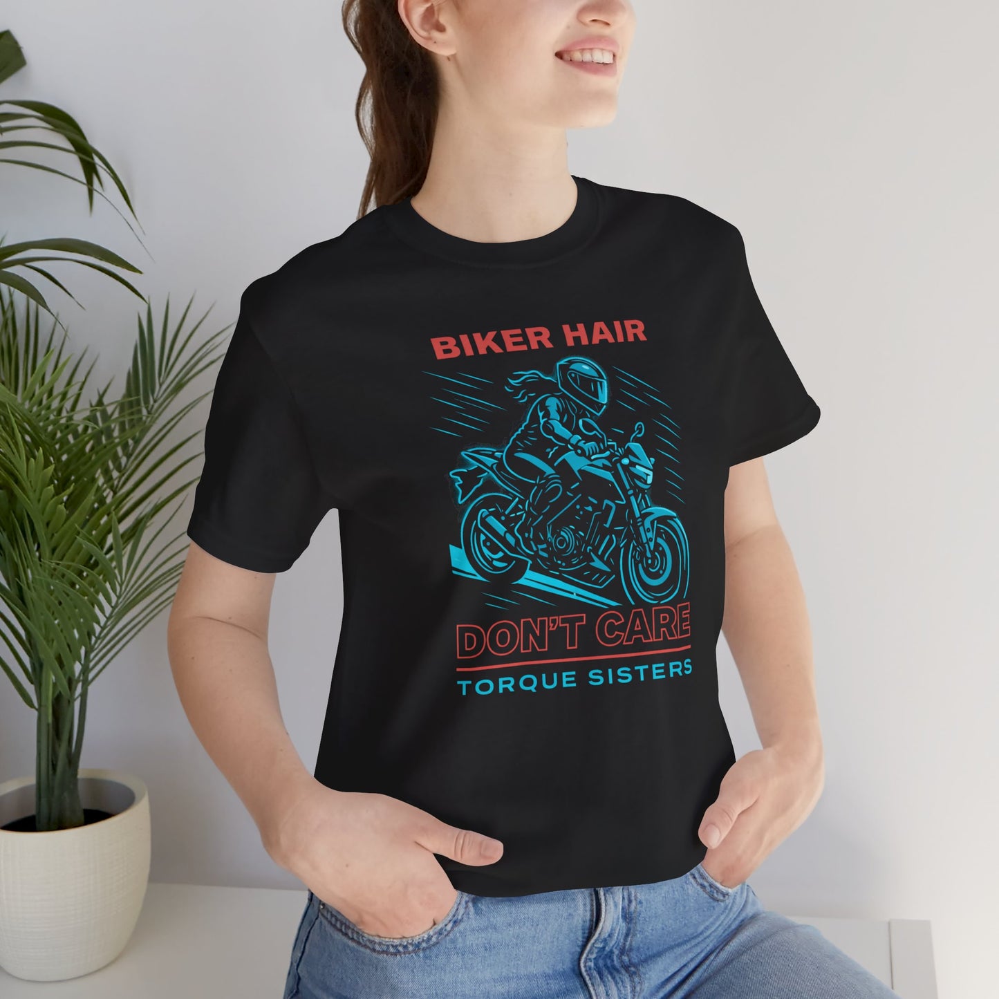 BIKER HAIR DON’T CARE Graphic Women’s Motorcycle T-Shirt | Black & Teal