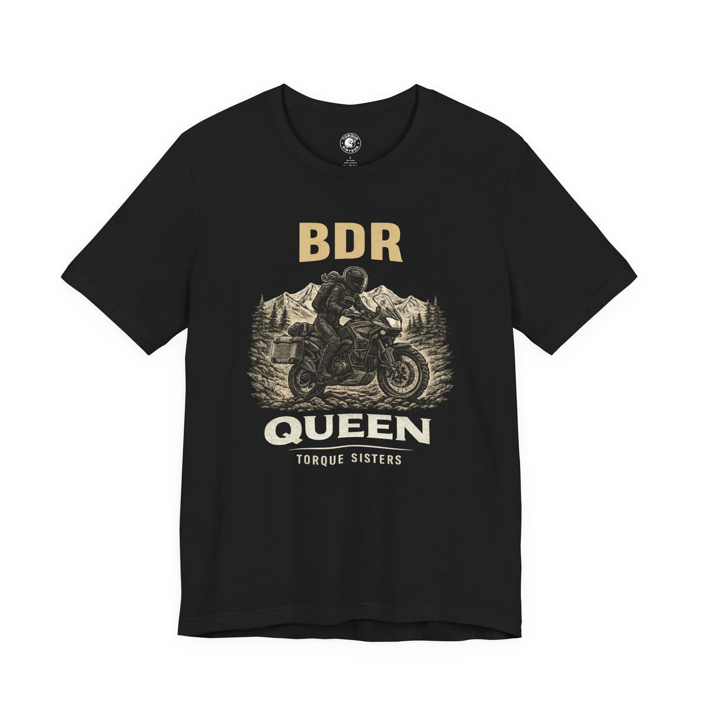 Black t-shirt with graphic design and text on a white background