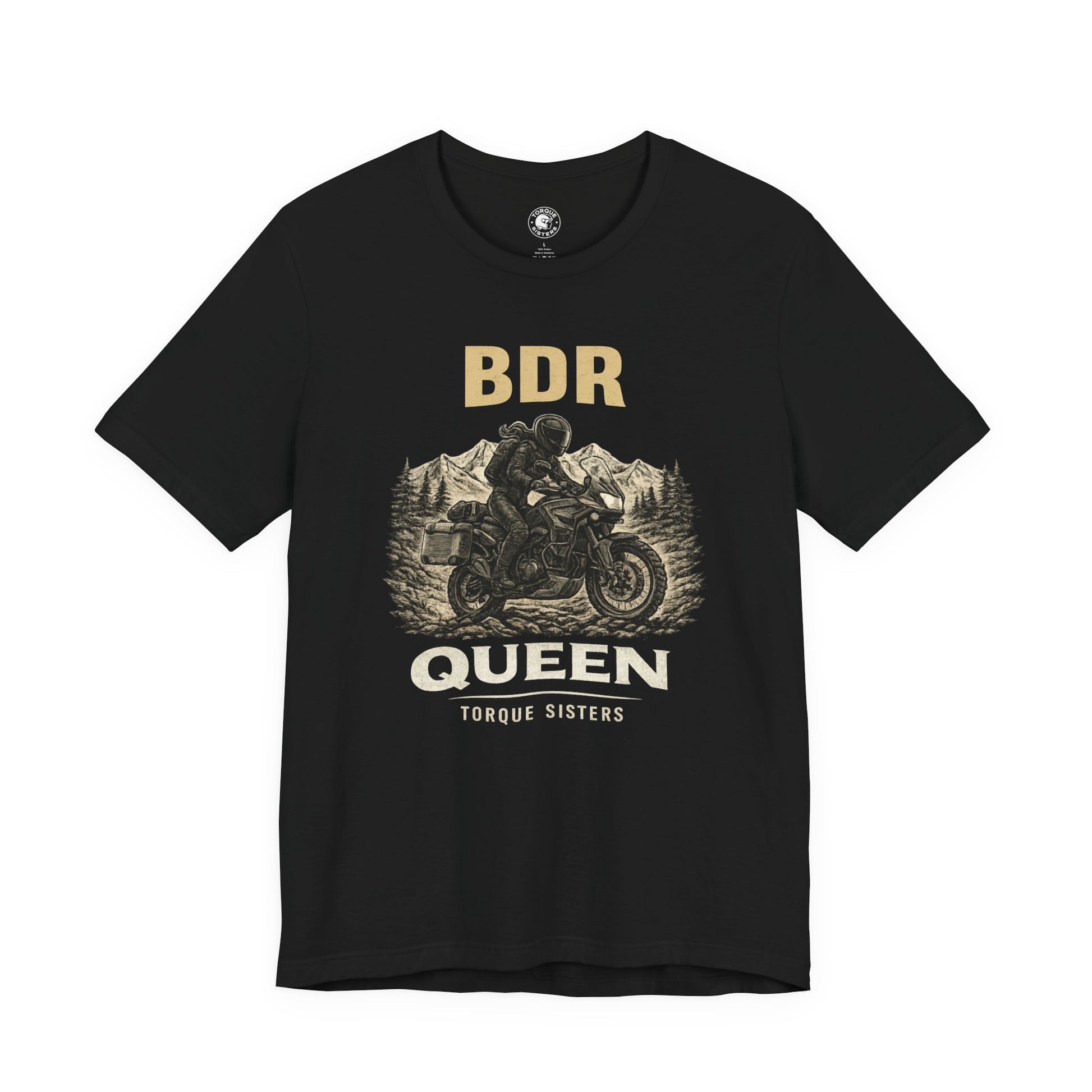 Black t-shirt with graphic design and text on a white background