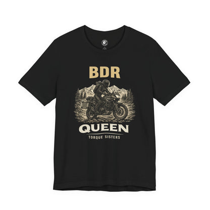 Black t-shirt with graphic design and text on a white background