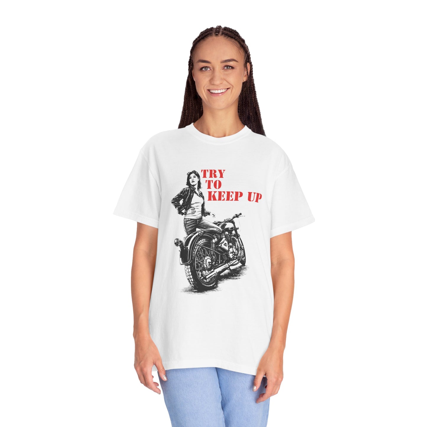 TRY TO KEEP UP Women’s Motorcycle T-Shirt | White & Red