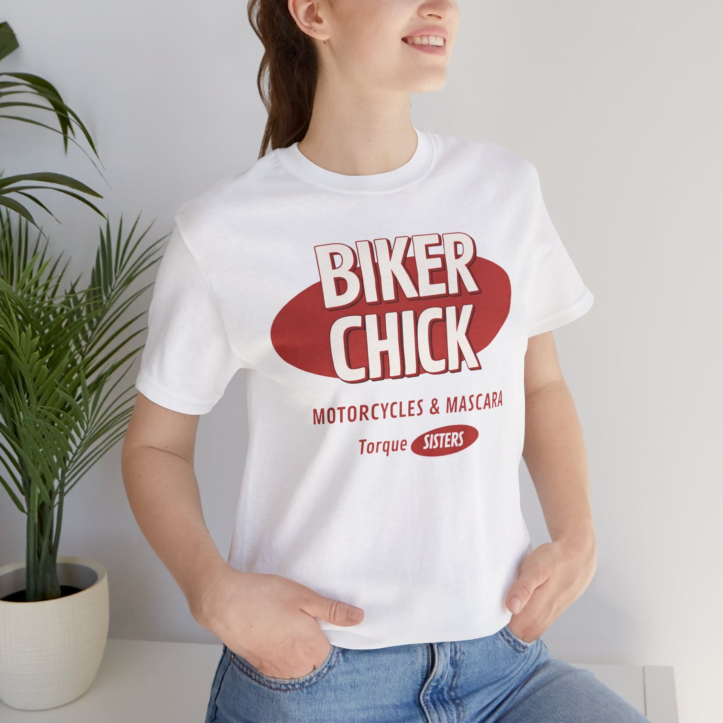 BIKER CHICK Motorcycles & Mascara Women’s Motorcycle T-Shirt | White