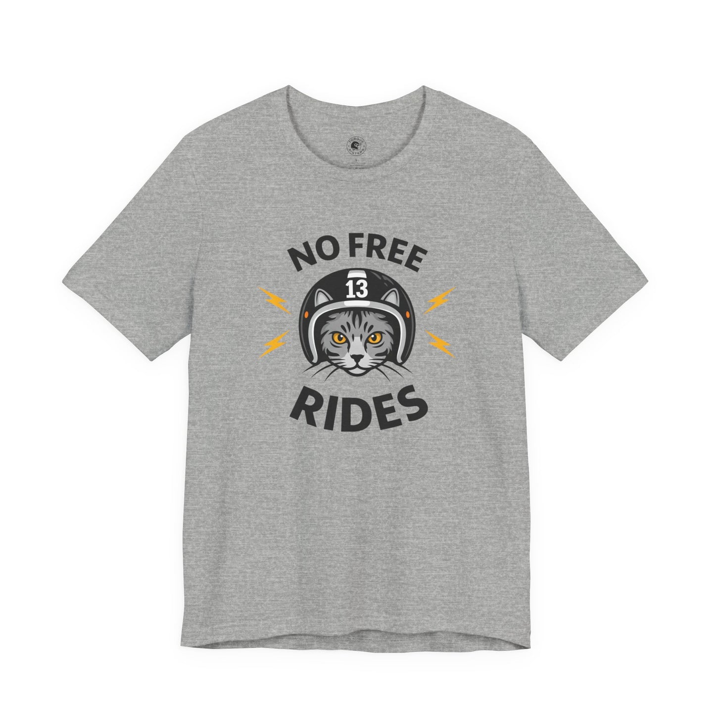 Gray t-shirt with a graphic of a cat wearing a helmet and 'No Free Rides' text on a white background