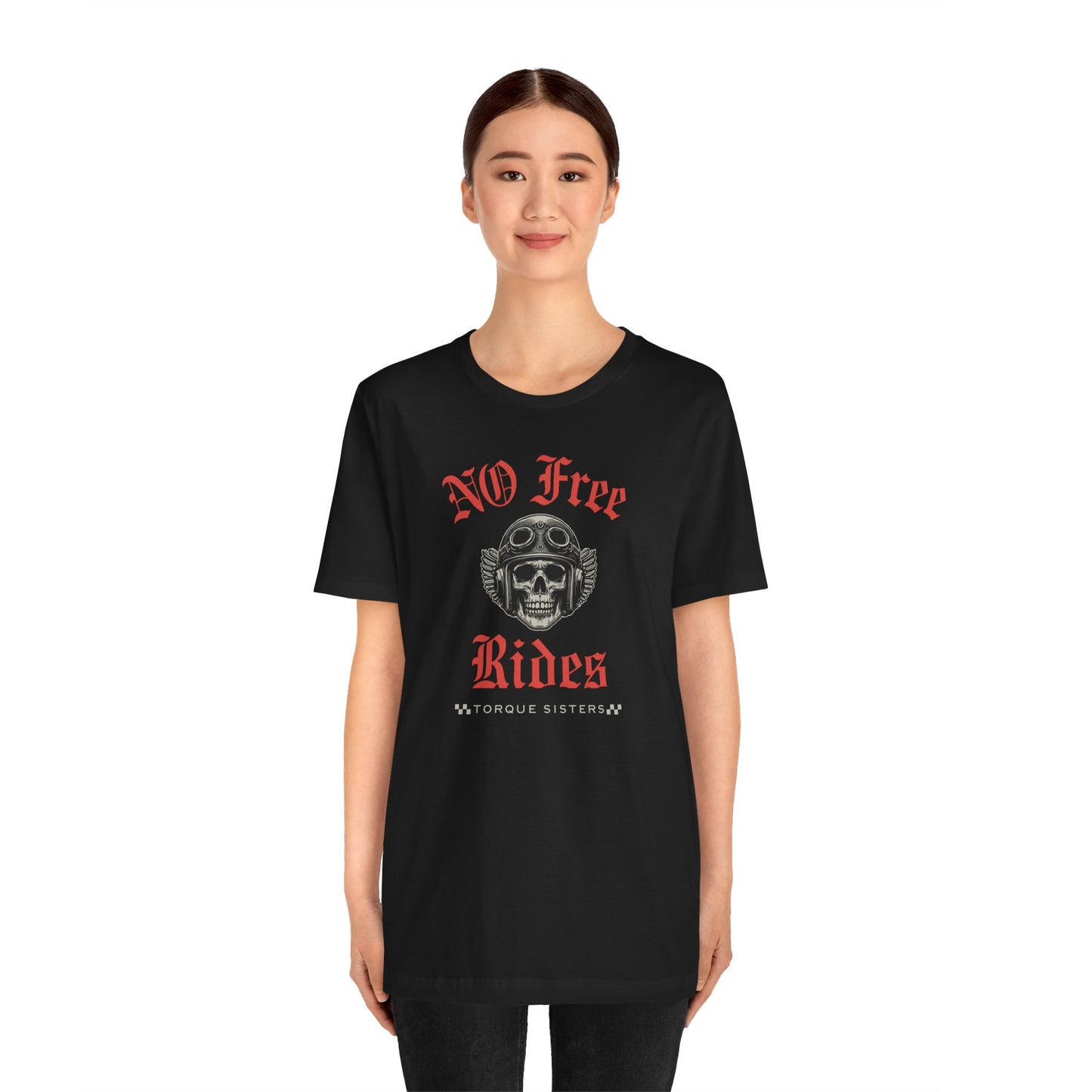 NO FREE RIDES Biker Skull Women’s Motorcycle T-Shirt | Black & Red