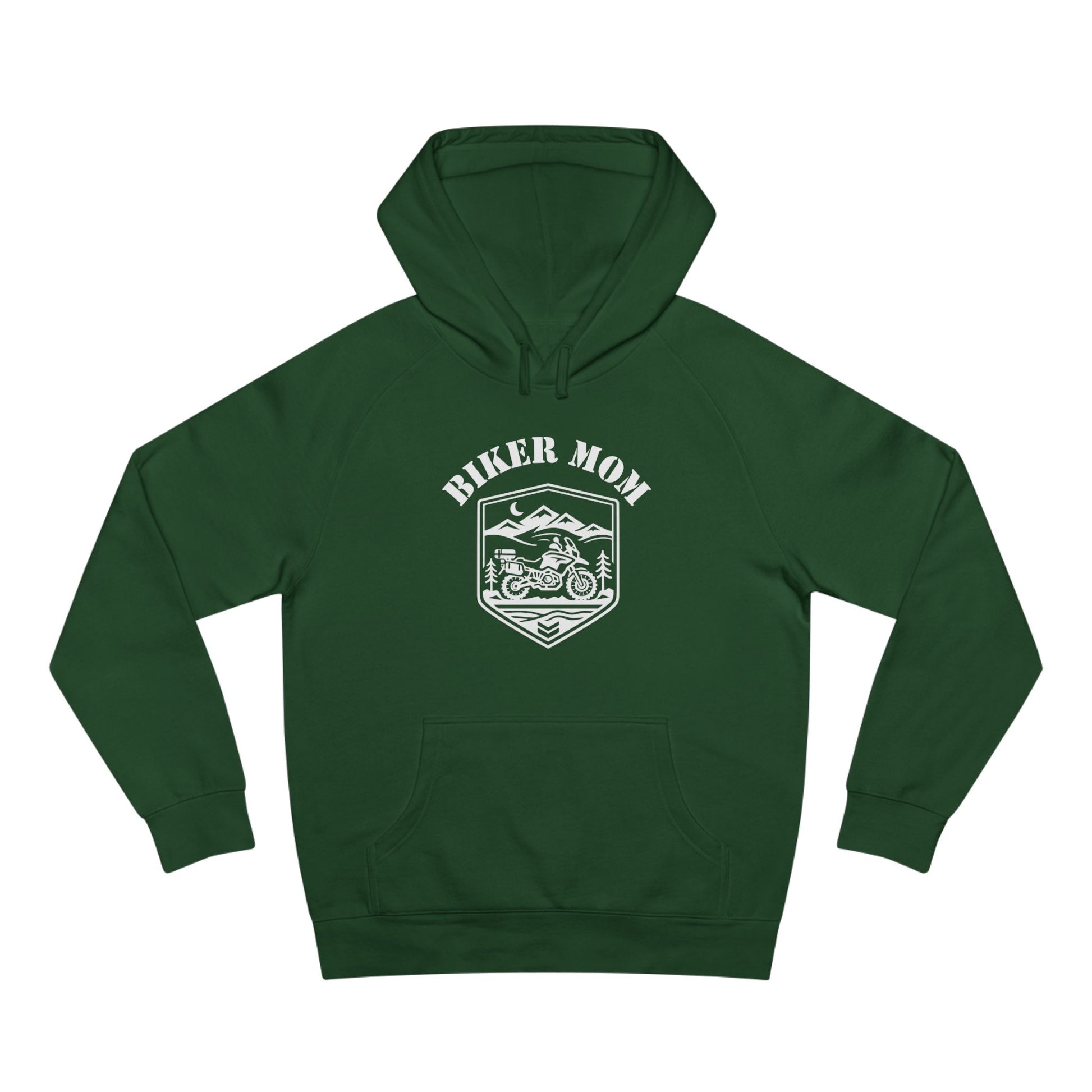Green hoodie with 'Biker Mom' graphic on a white background