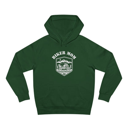 Green hoodie with 'Biker Mom' graphic on a white background