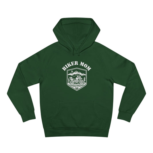 Green hoodie with 'Biker Mom' graphic on a white background