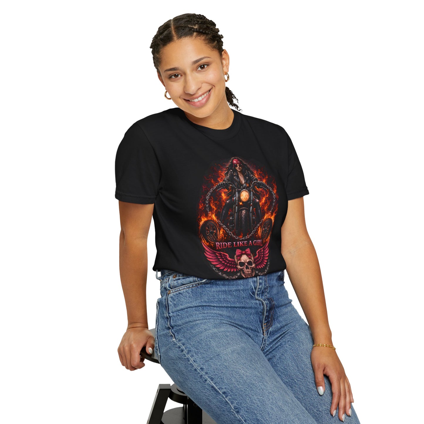 RIDE LIKE A GIRL Flame Rider Graphic Women’s Motorcycle T-Shirt | Black
