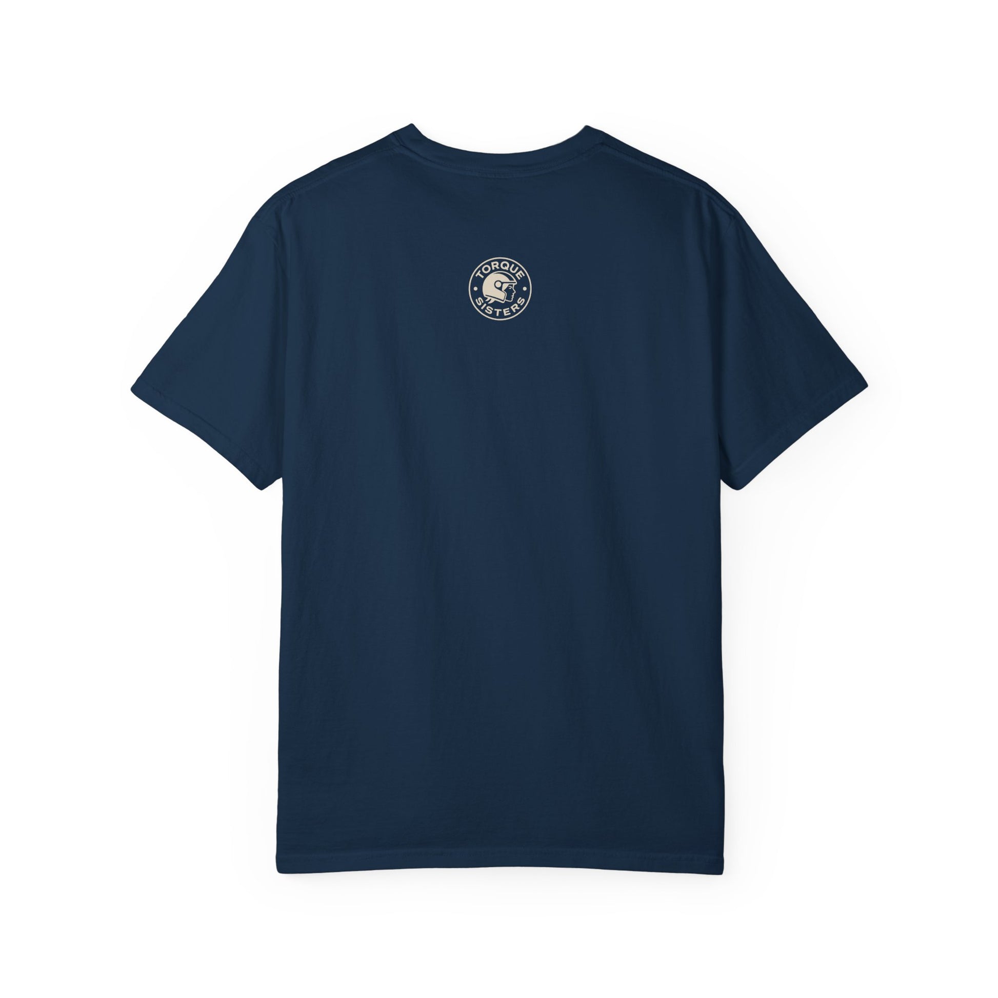 Navy blue t-shirt with a logo on the back against a white background