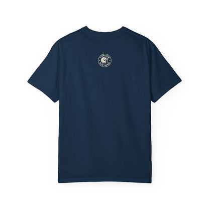 Navy blue t-shirt with a logo on the back against a white background