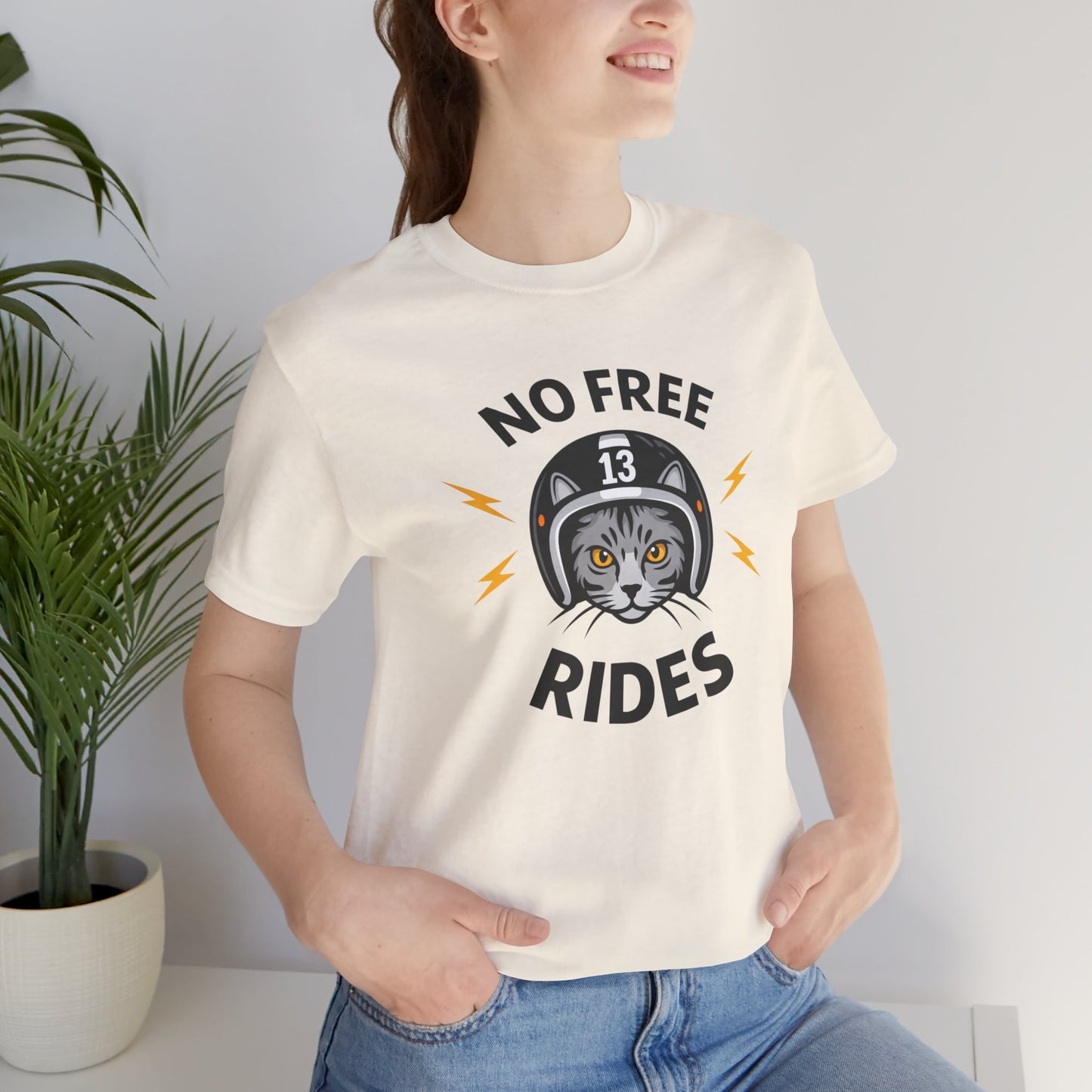 NO FREE RIDES Cat Helmet Graphic Women’s Motorcycle T-Shirt | Natural