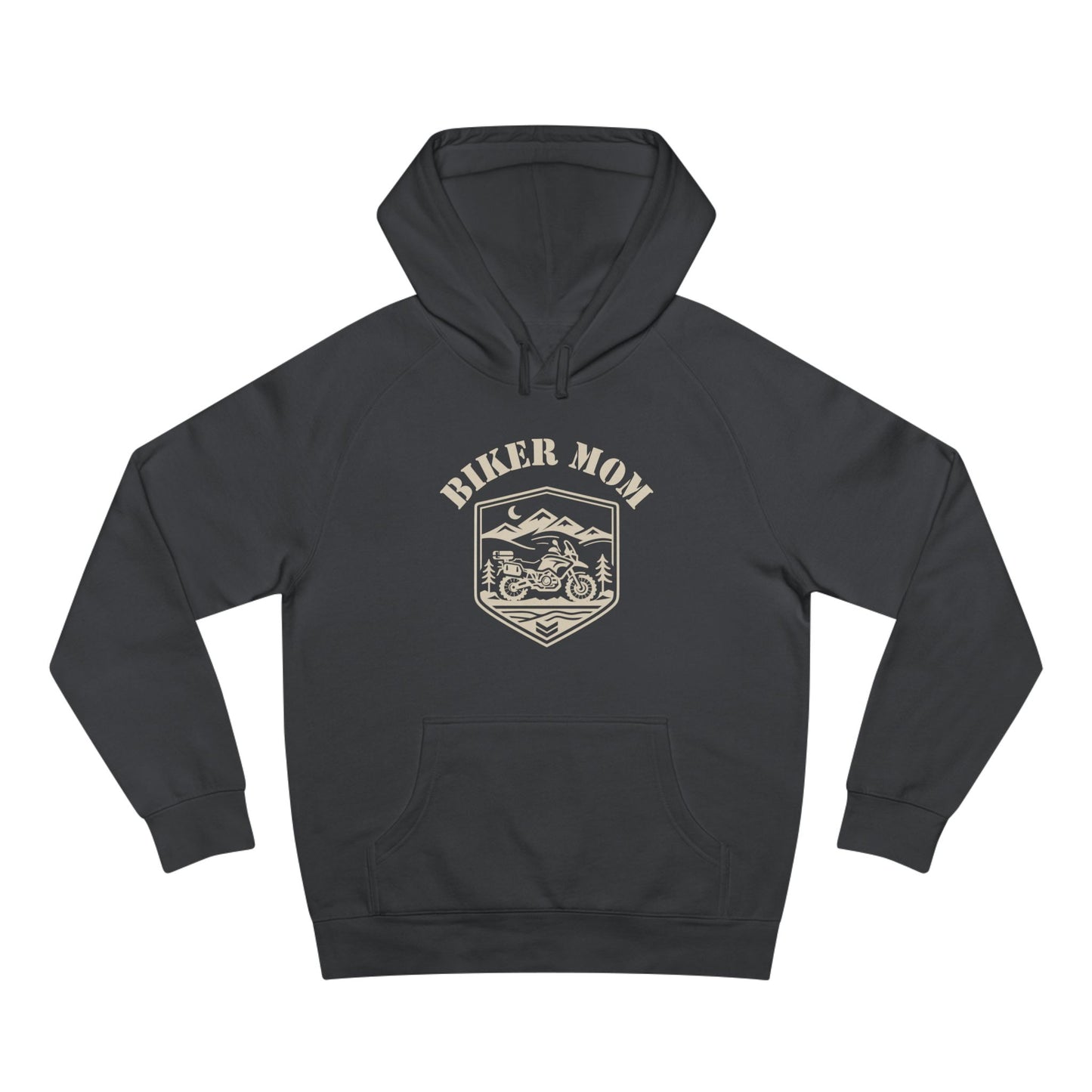 BIKER MOM Badge Graphic Women’s Motorcycle Hoodie | Charcoal & Cream