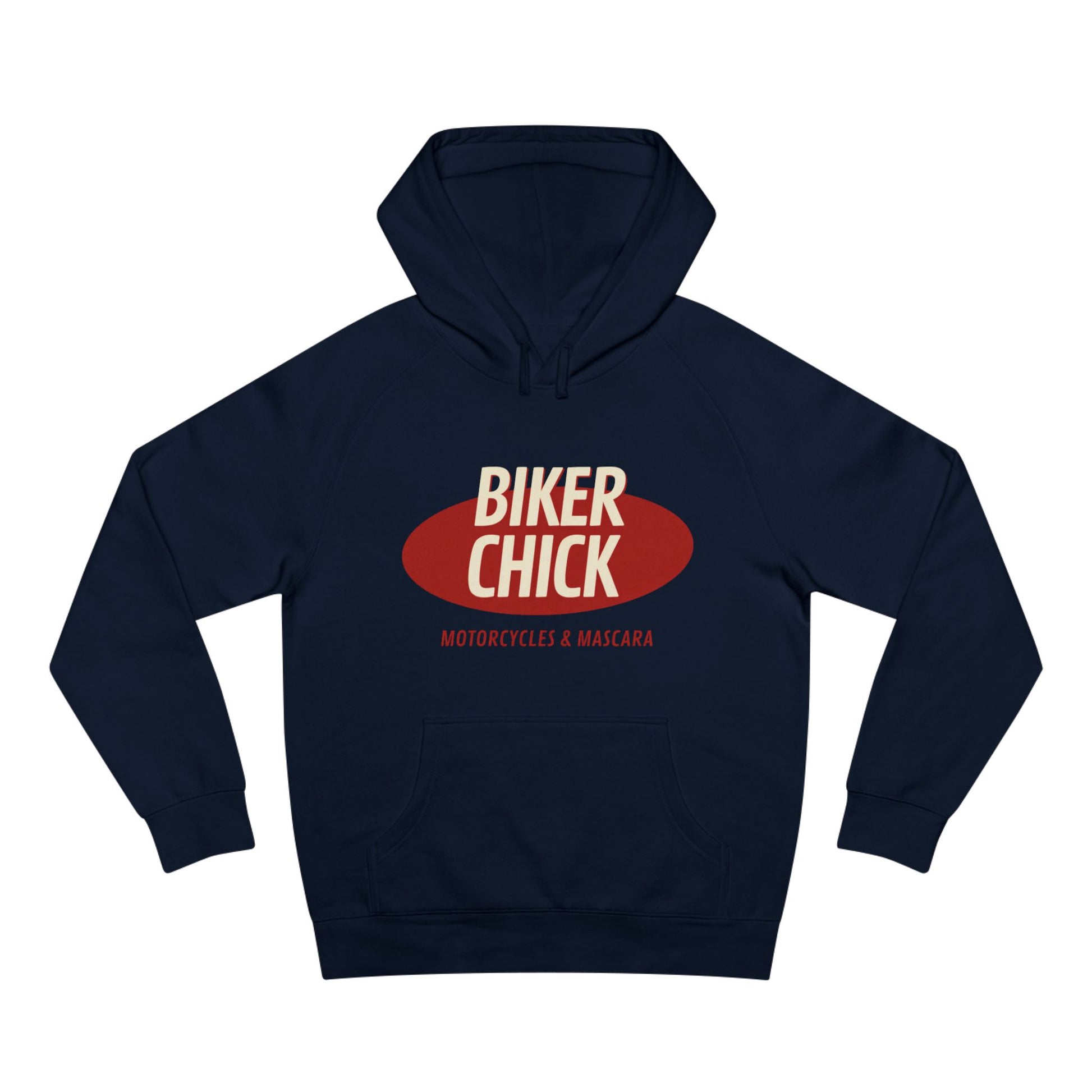 Navy blue hoodie with 'Biker Chick' text on a white background