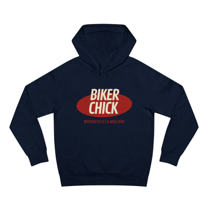 Navy blue hoodie with 'Biker Chick' text on a white background