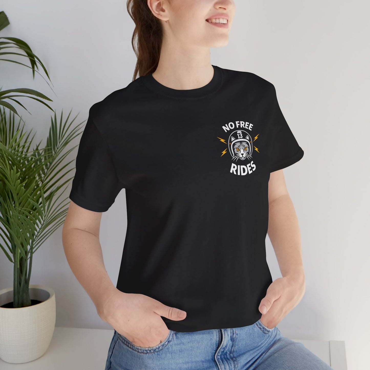 NO FREE RIDES Cat Helmet Chest Graphic Women’s Motorcycle T-Shirt | Black