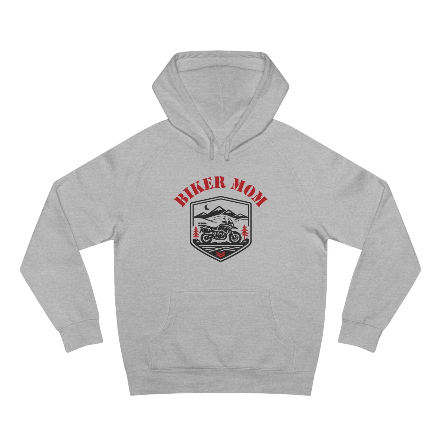 Gray hoodie with 'Biker Mom' graphic on a white background