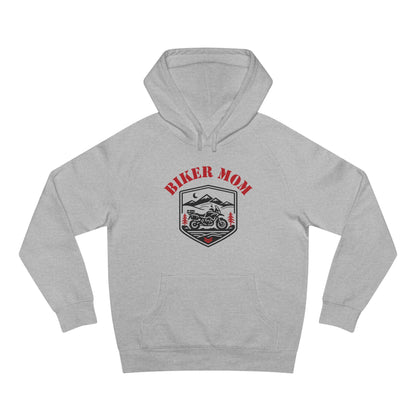 Gray hoodie with 'Biker Mom' graphic on a white background