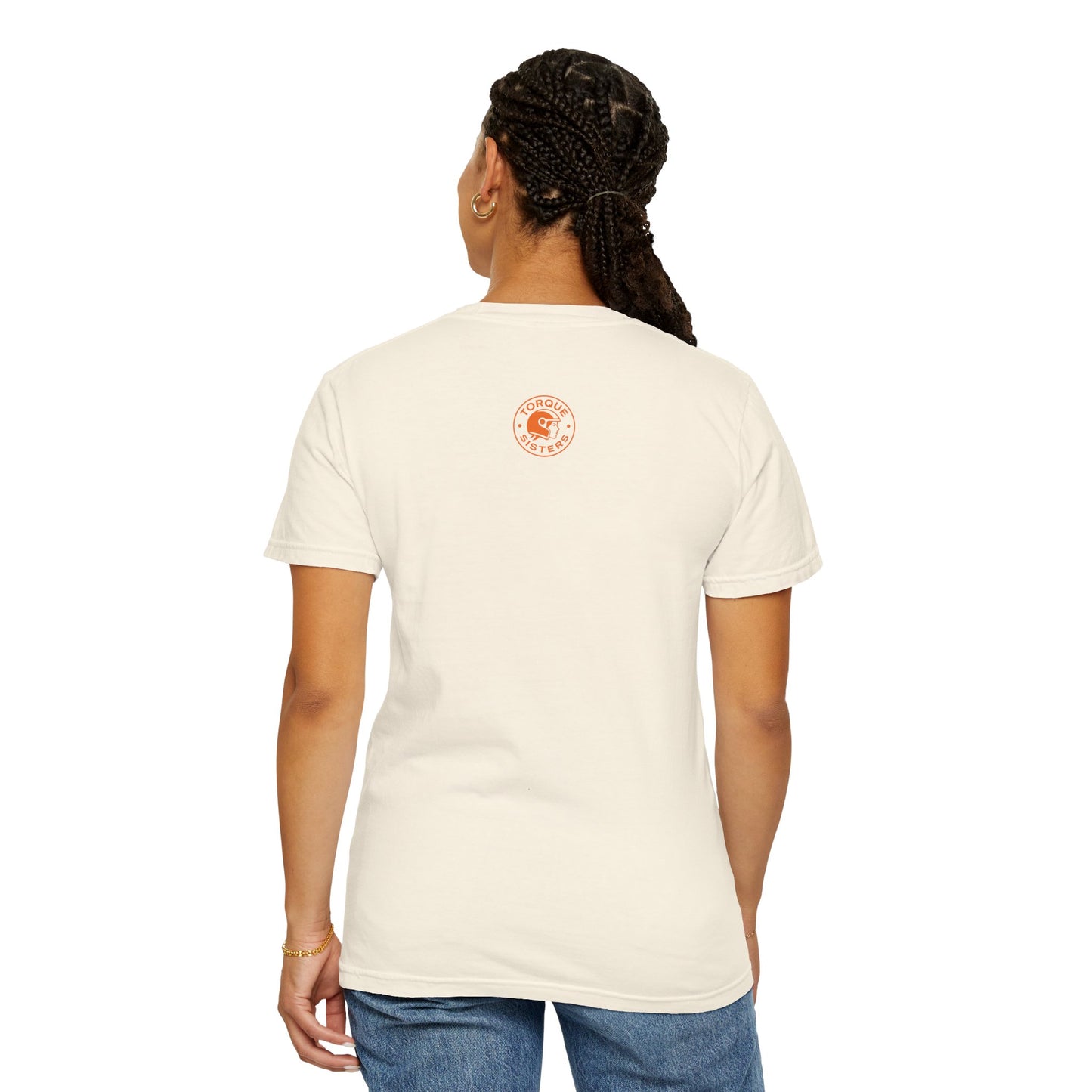 BIKER MOM Chest Badge Women’s Motorcycle T-Shirt | Natural & Orange