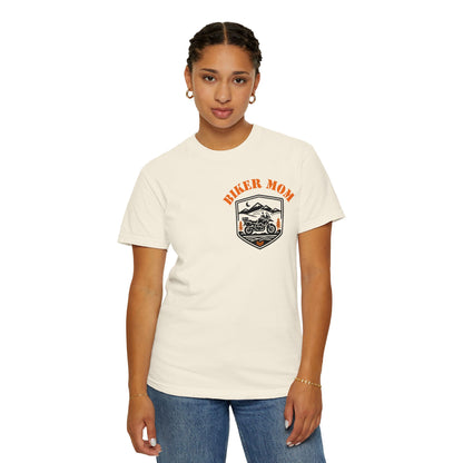 BIKER MOM Chest Badge Women’s Motorcycle T-Shirt | Natural & Orange
