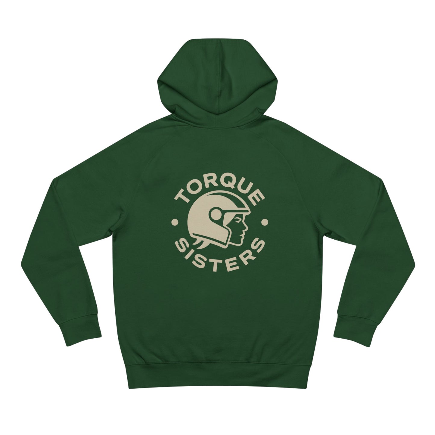 Green hoodie with 'Torque Sisters' logo on the back against a white background
