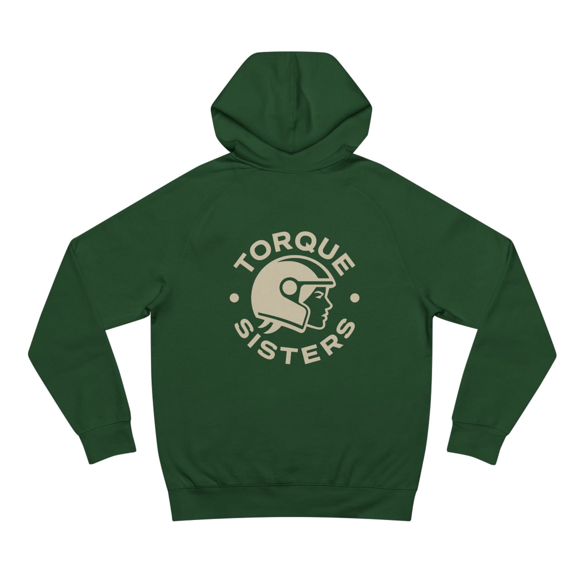 Green hoodie with 'Torque Sisters' logo on the back against a white background