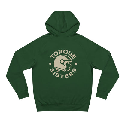 Green hoodie with 'Torque Sisters' logo on the back against a white background