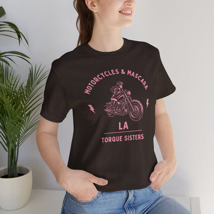 MOTORCYCLES & MASCARA LA Women’s Motorcycle T-Shirt | Dark Brown & Pink