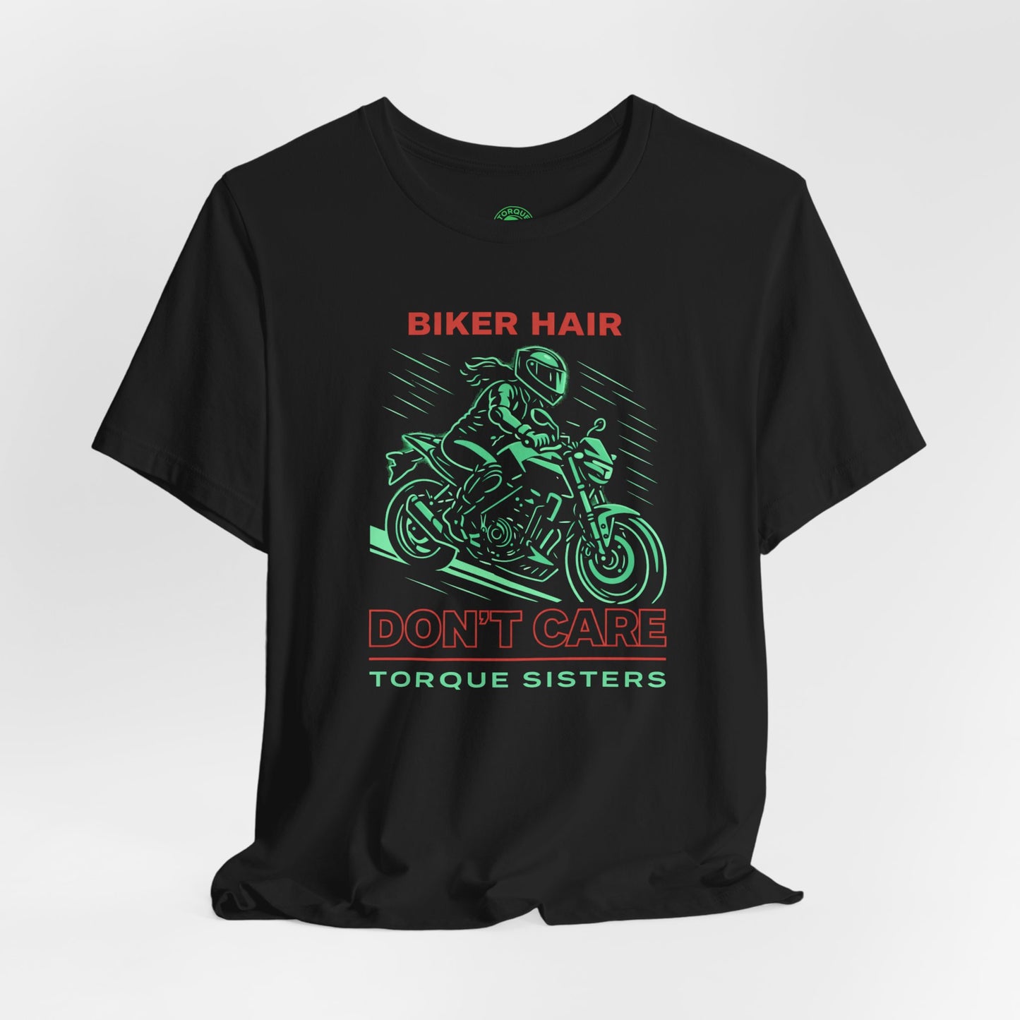 BIKER HAIR DON’T CARE Graphic Women’s Motorcycle T-Shirt | Black & Mint