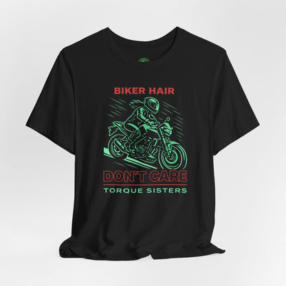 BIKER HAIR DON’T CARE Graphic Women’s Motorcycle T-Shirt | Black & Mint