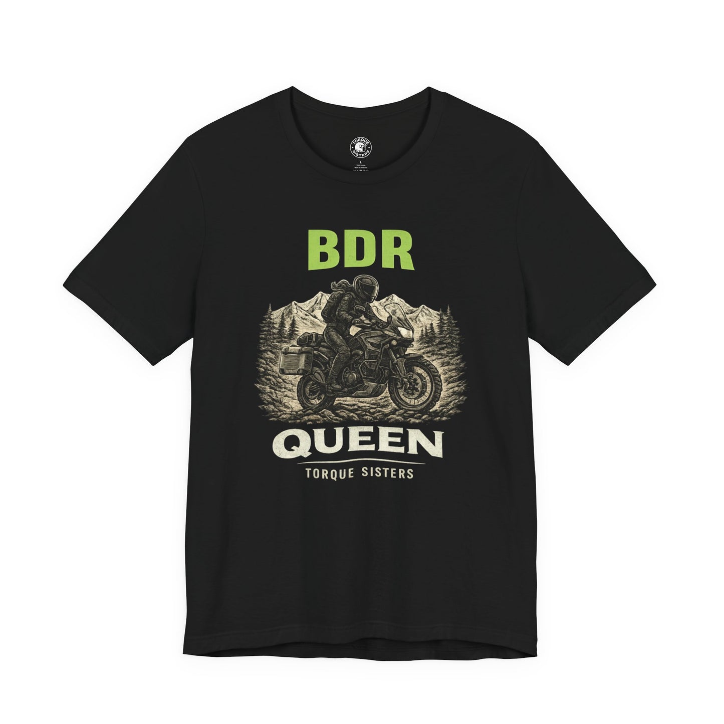Black t-shirt with graphic design and text in green