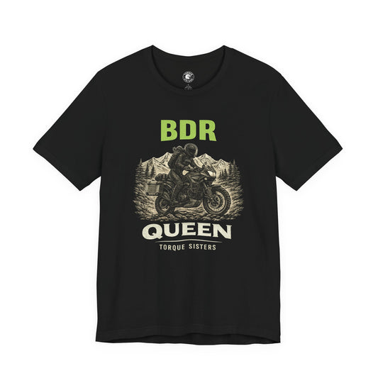 Black t-shirt with graphic design and text in green