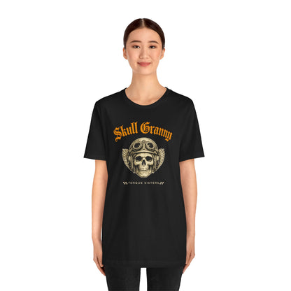 SKULL GRANNY Women’s Motorcycle T-Shirt | Black & Gold