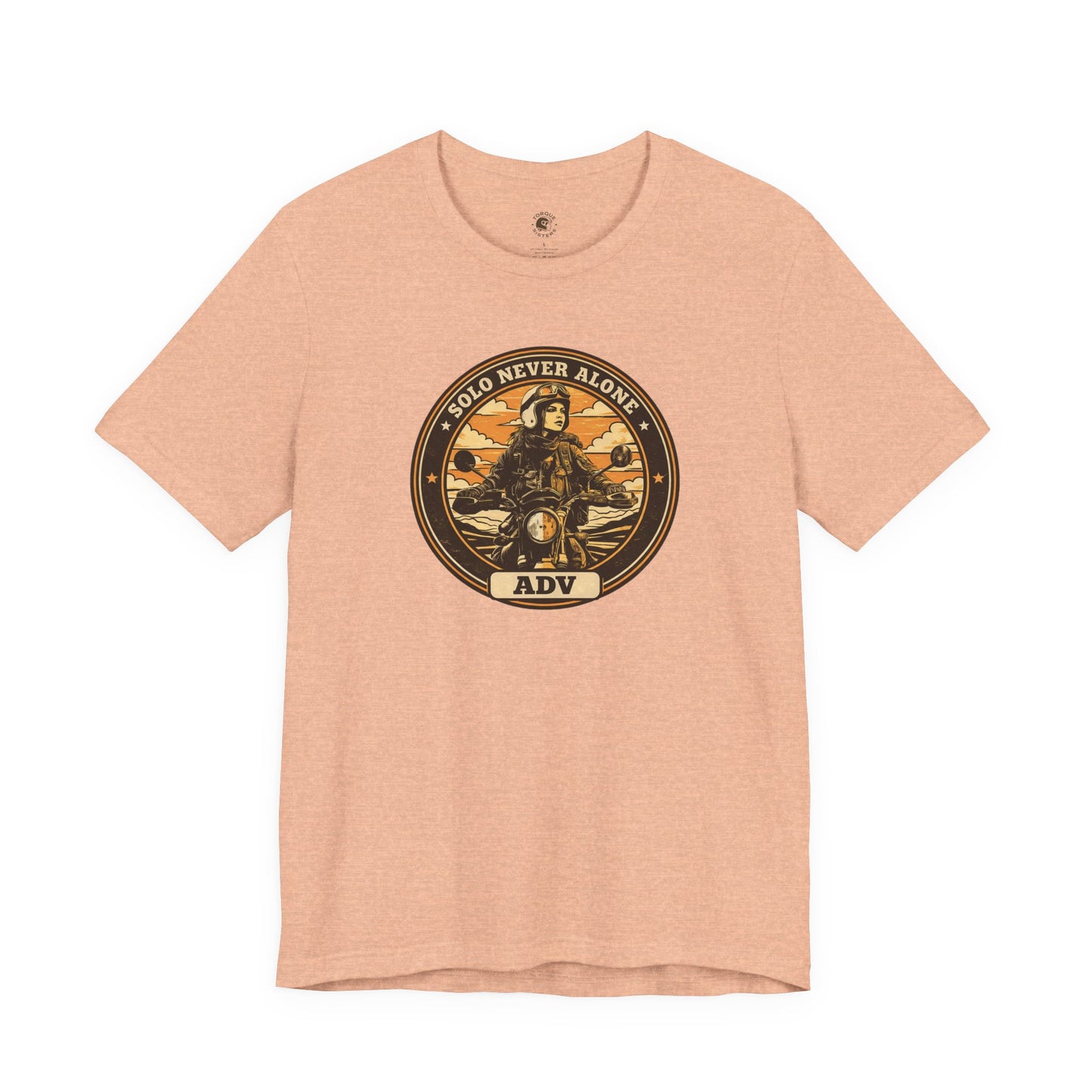 Pink t-shirt with a graphic design featuring a person on a motorcycle and text on a white background