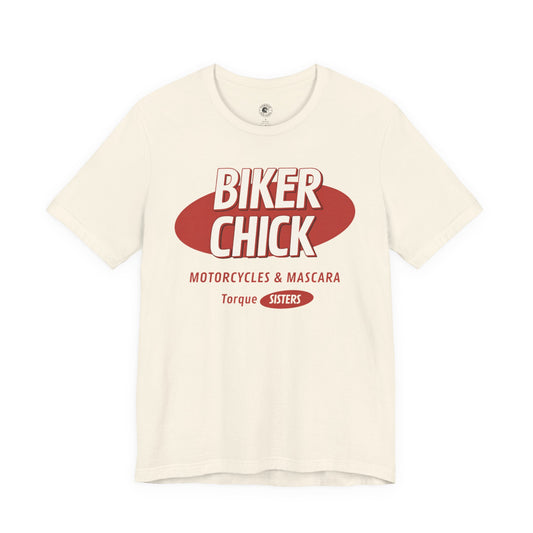 BIKER CHICK Women’s Motorcycle T-Shirt | Natural & Red