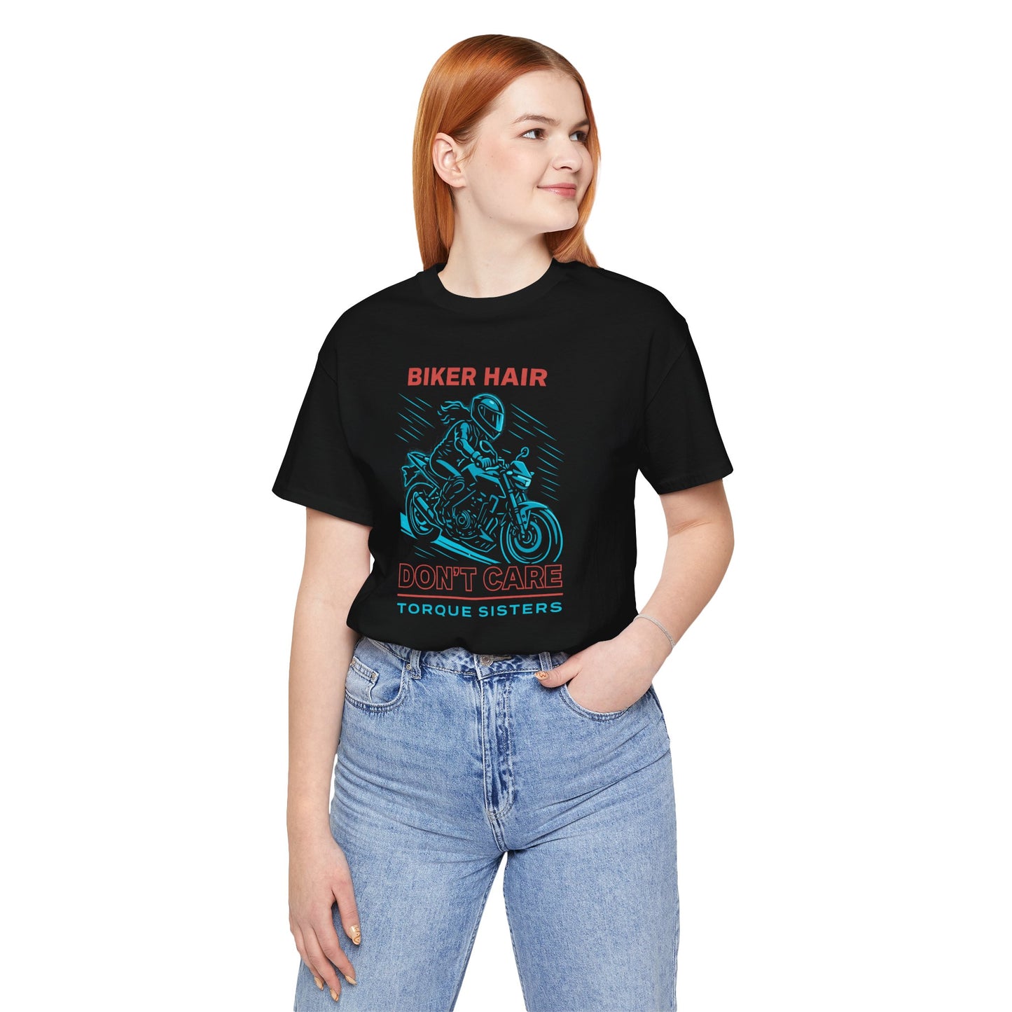 BIKER HAIR DON’T CARE Graphic Women’s Motorcycle T-Shirt | Black & Teal