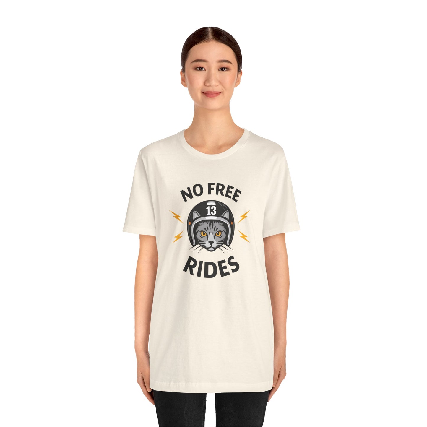 NO FREE RIDES Cat Helmet Graphic Women’s Motorcycle T-Shirt | Natural