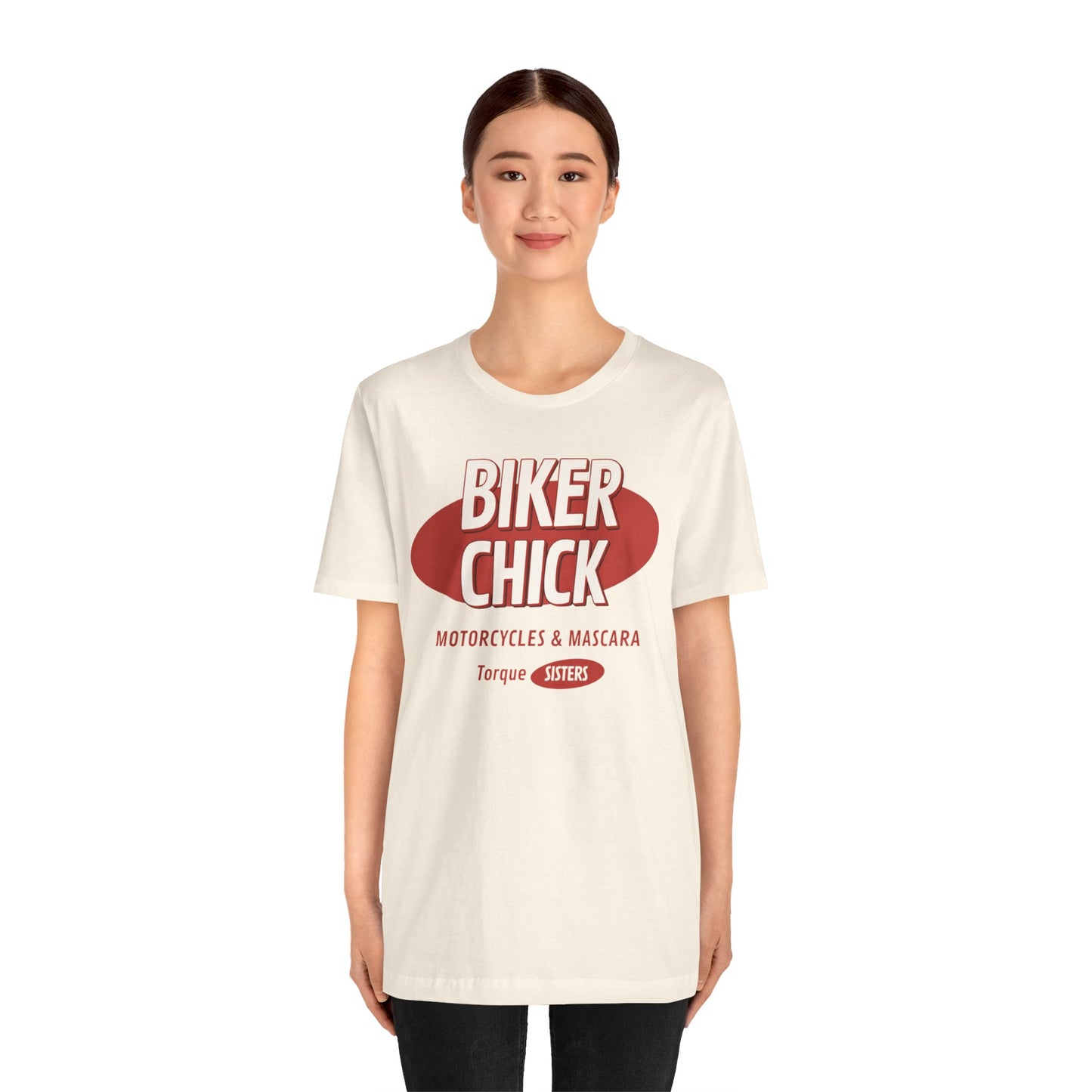 BIKER CHICK Women’s Motorcycle T-Shirt | Natural & Red