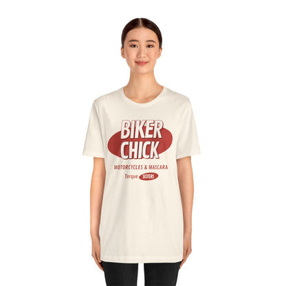 BIKER CHICK Women’s Motorcycle T-Shirt | Natural & Red