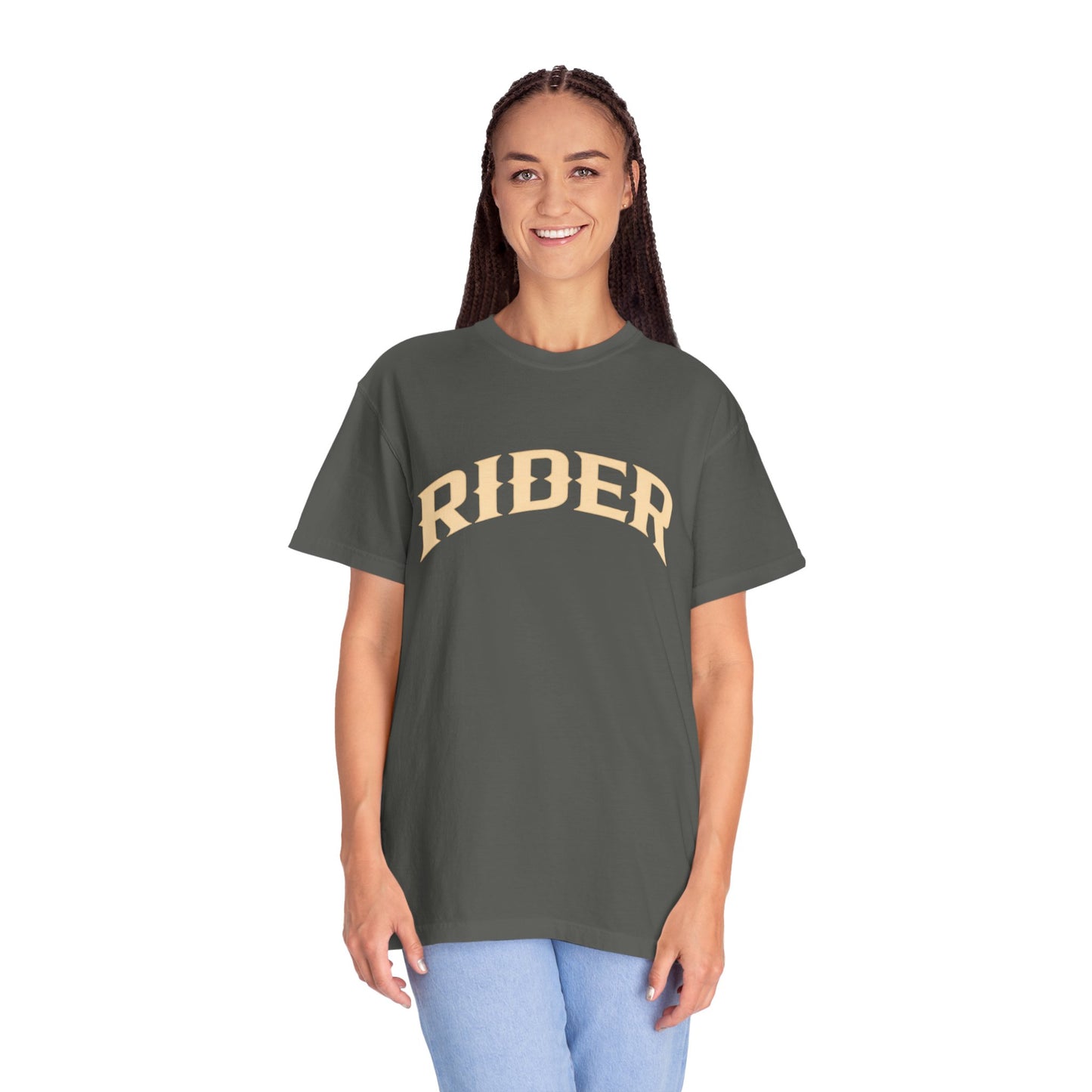 RIDER Arch Graphic Women’s Motorcycle T-Shirt   | Charcoal & Cream