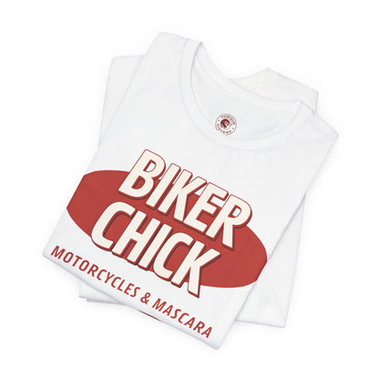 BIKER CHICK Motorcycles & Mascara Women’s Motorcycle T-Shirt | White